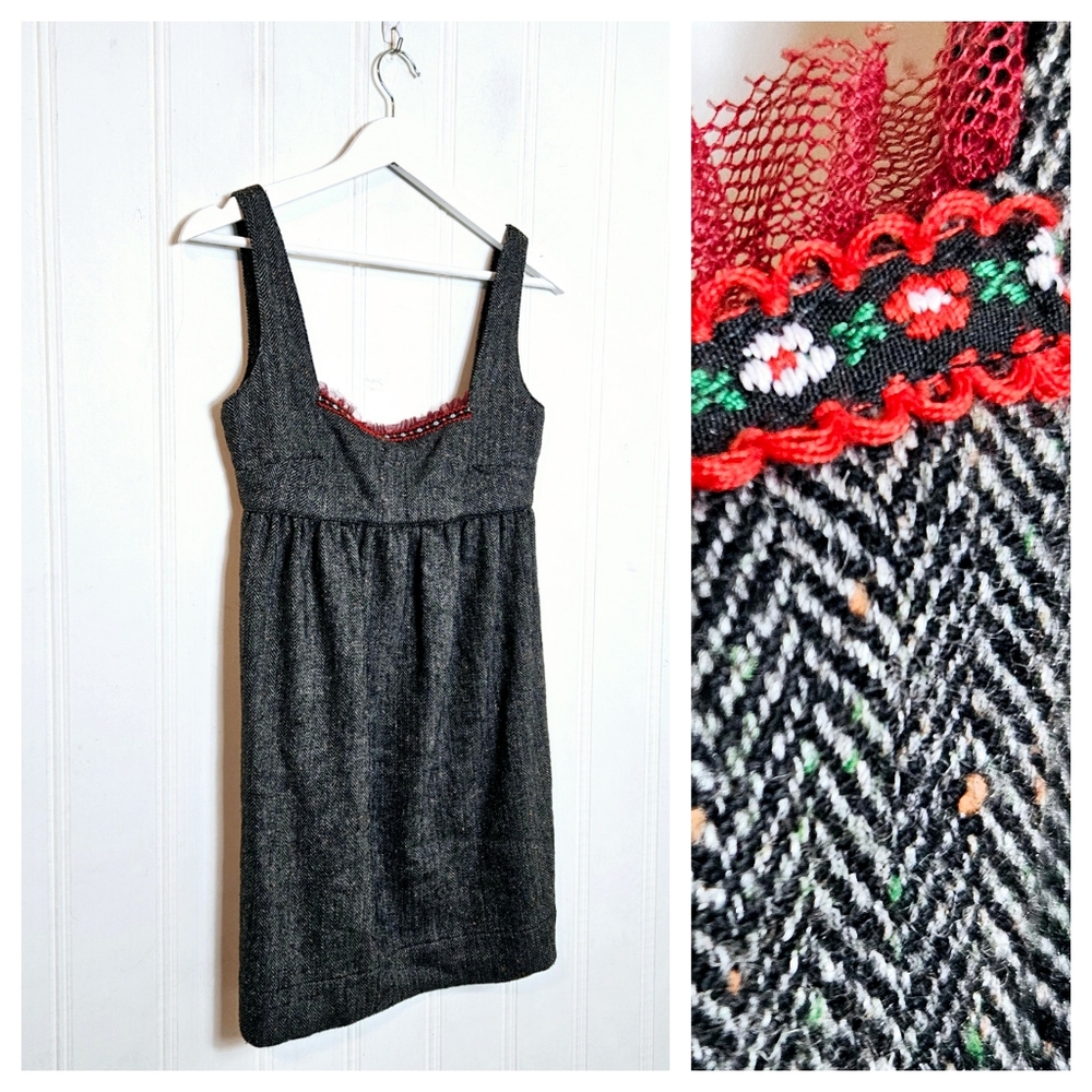 Free People Nordic Shelby Tweed Babydoll Mini Dress Lace Trim Size 4 Boho